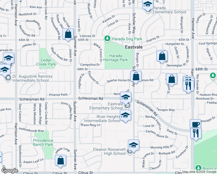map of restaurants, bars, coffee shops, grocery stores, and more near 13180 Quarter Horse Drive in Corona