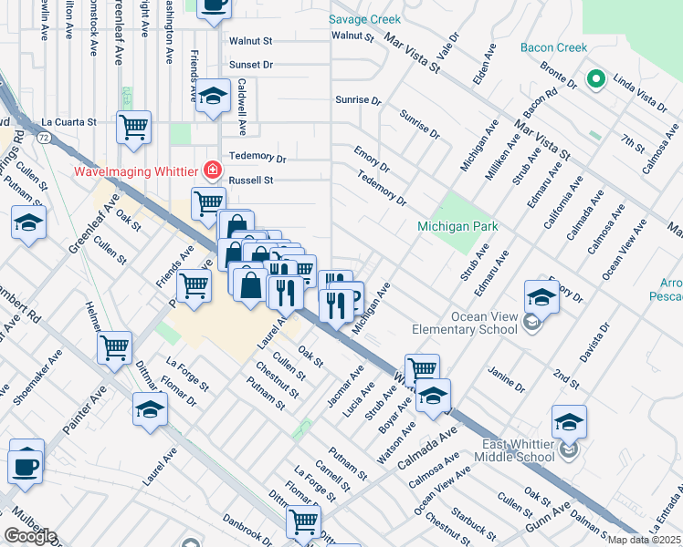 map of restaurants, bars, coffee shops, grocery stores, and more near 8313 College Avenue in Whittier