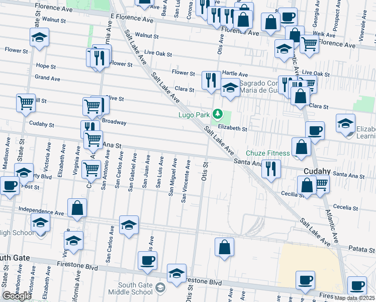 map of restaurants, bars, coffee shops, grocery stores, and more near 4067 Cudahy Street in Huntington Park