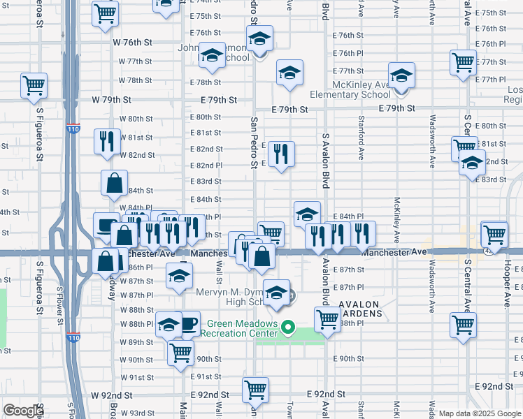 map of restaurants, bars, coffee shops, grocery stores, and more near 315 East 84th Street in Los Angeles
