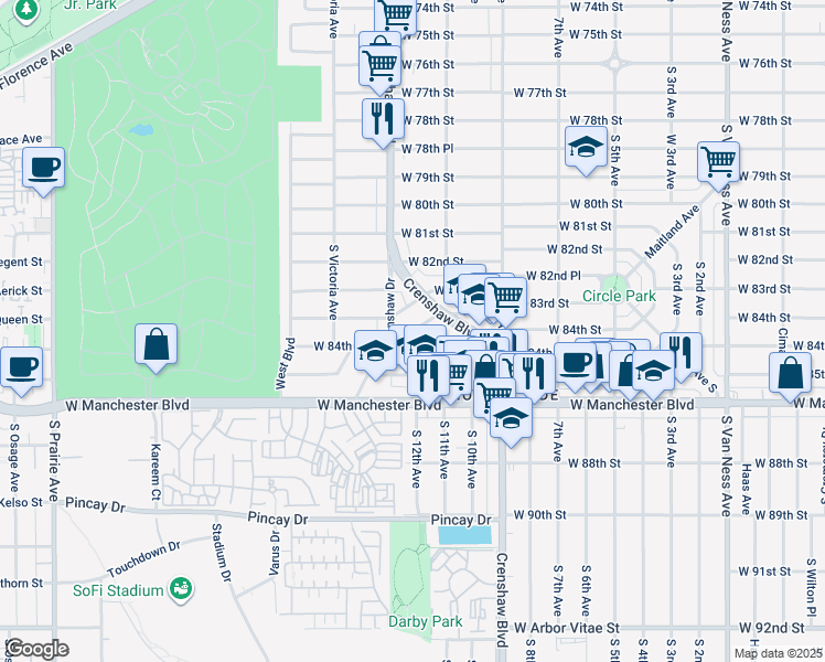 map of restaurants, bars, coffee shops, grocery stores, and more near 33733 West 83rd Street in Inglewood