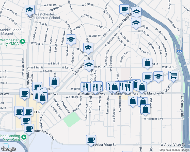 map of restaurants, bars, coffee shops, grocery stores, and more near 8314 Barnsley Avenue in Los Angeles