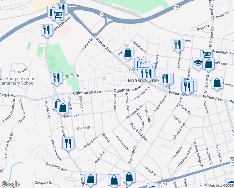 map of restaurants, bars, coffee shops, grocery stores, and more near 100 Foster Road in Athens