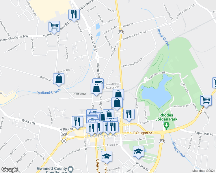 map of restaurants, bars, coffee shops, grocery stores, and more near 122 Memorial Court in Lawrenceville
