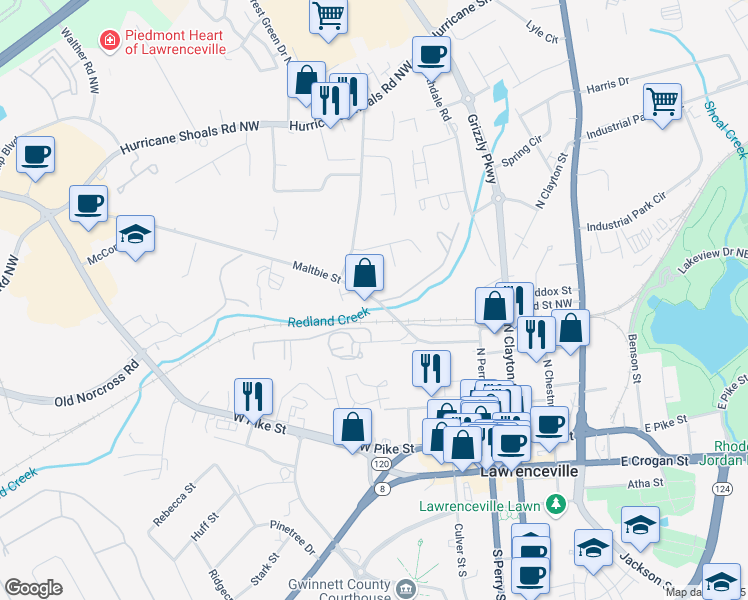 map of restaurants, bars, coffee shops, grocery stores, and more near 354 Dixie Court in Lawrenceville