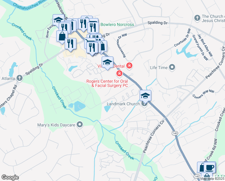 map of restaurants, bars, coffee shops, grocery stores, and more near 6399 Baker Court in Norcross