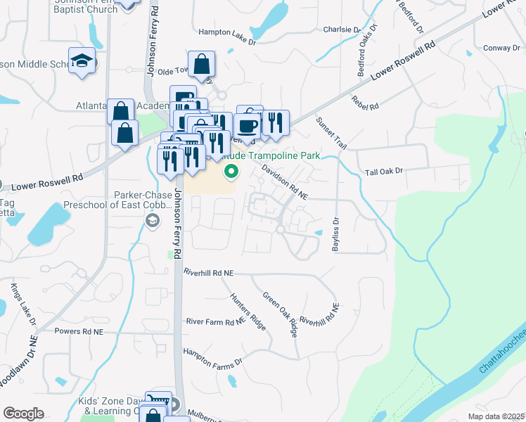 map of restaurants, bars, coffee shops, grocery stores, and more near 663 Serramonte Drive in Marietta