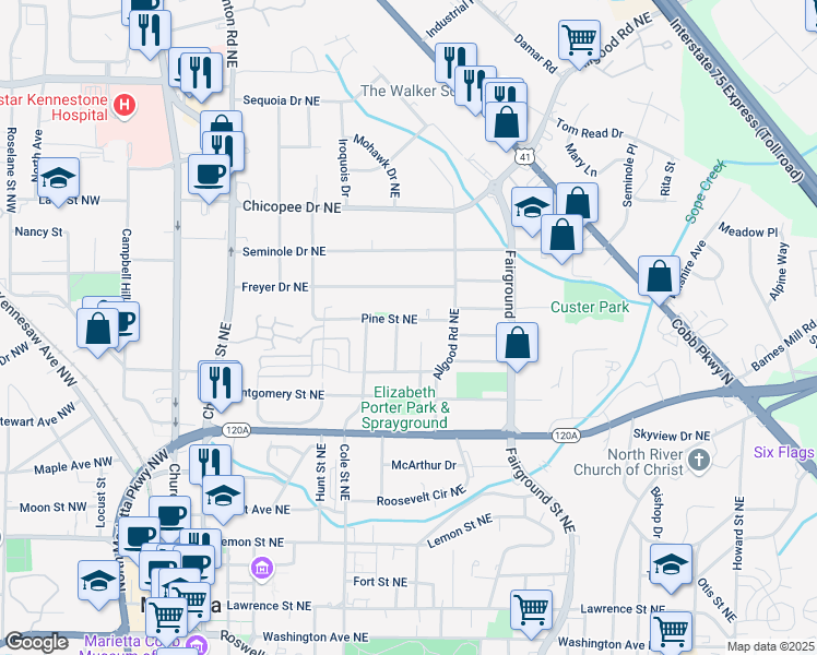 map of restaurants, bars, coffee shops, grocery stores, and more near 376 Pine Street Northeast in Marietta