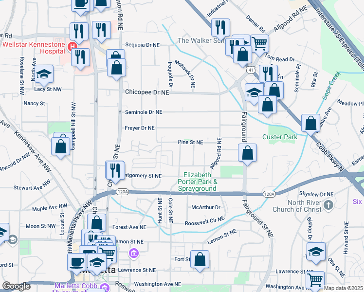map of restaurants, bars, coffee shops, grocery stores, and more near 324 Pine Street Northeast in Marietta