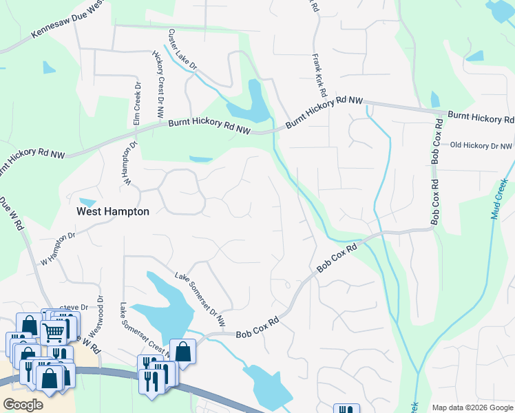map of restaurants, bars, coffee shops, grocery stores, and more near 3227 Cobbs Farm Trail in Marietta