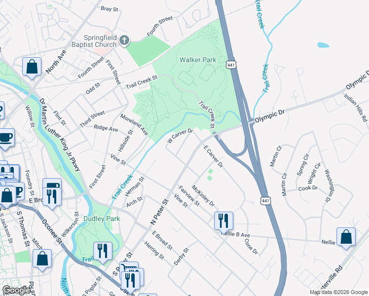 map of restaurants, bars, coffee shops, grocery stores, and more near 160 Booker Street in Athens