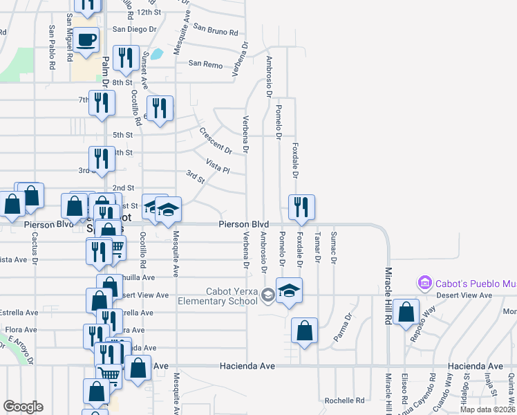 map of restaurants, bars, coffee shops, grocery stores, and more near 11845 Ambrosio Drive in Desert Hot Springs