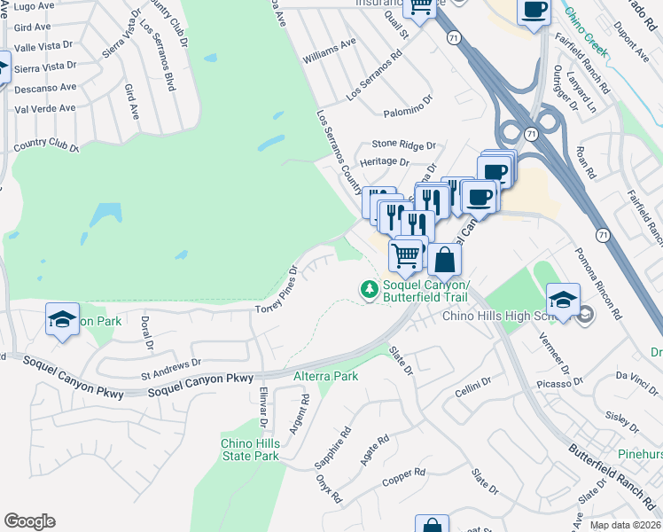 map of restaurants, bars, coffee shops, grocery stores, and more near 15995 Paul Court in Chino Hills