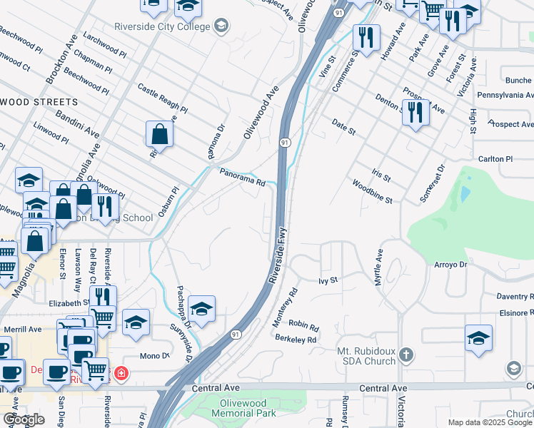 map of restaurants, bars, coffee shops, grocery stores, and more near 3082 Panorama Road in Riverside