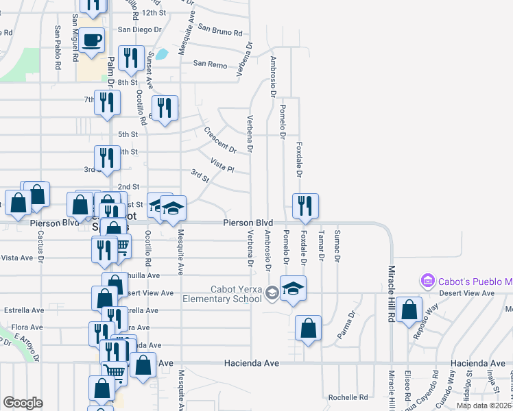 map of restaurants, bars, coffee shops, grocery stores, and more near 11844 Verbena Drive in Desert Hot Springs
