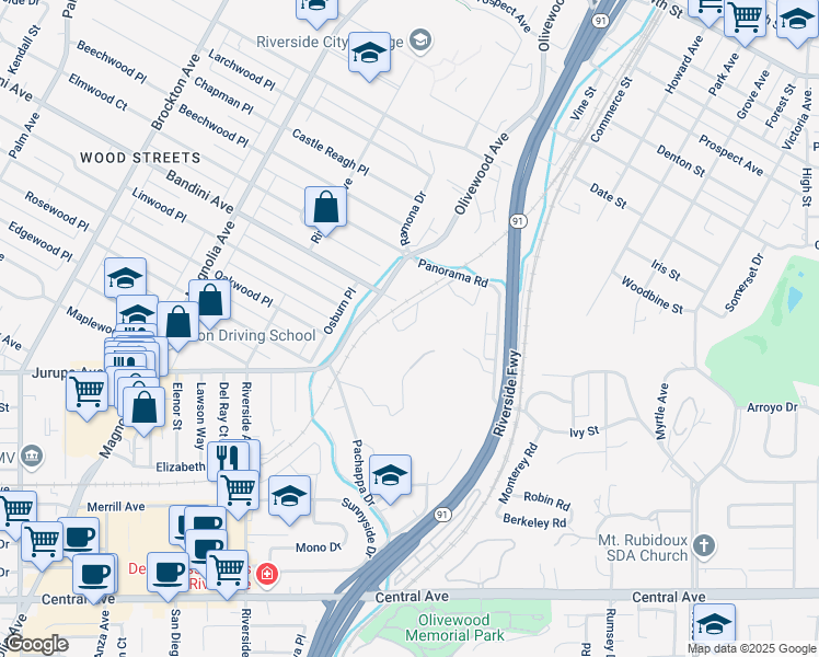 map of restaurants, bars, coffee shops, grocery stores, and more near 3250 Panorama Road in Riverside