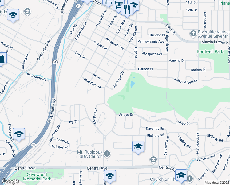 map of restaurants, bars, coffee shops, grocery stores, and more near 4858 Somerset Drive in Riverside