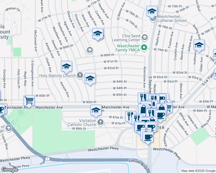 map of restaurants, bars, coffee shops, grocery stores, and more near 6527 West 84th Street in Los Angeles