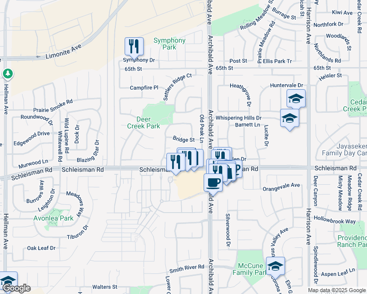 map of restaurants, bars, coffee shops, grocery stores, and more near in Corona