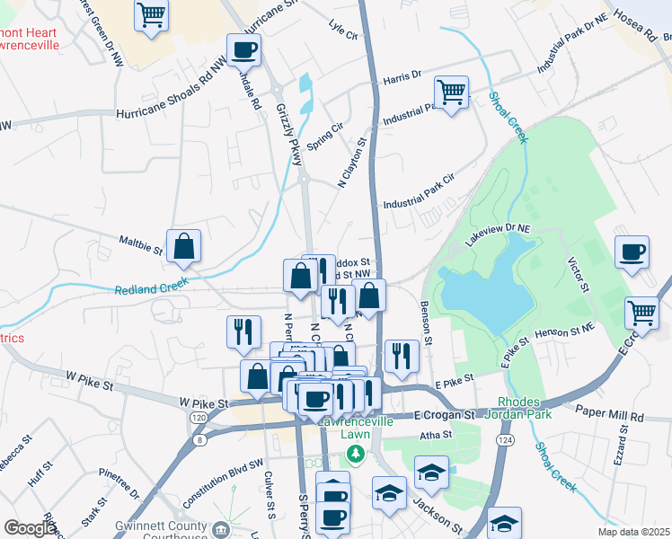 map of restaurants, bars, coffee shops, grocery stores, and more near 144 Maddox Street in Lawrenceville