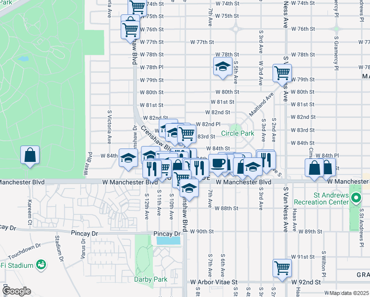 map of restaurants, bars, coffee shops, grocery stores, and more near 8409 South 8th Avenue in Inglewood