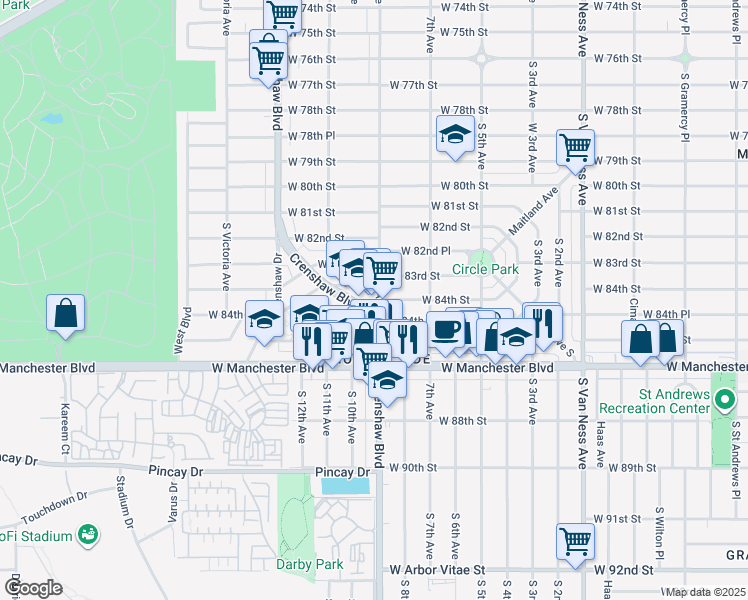 map of restaurants, bars, coffee shops, grocery stores, and more near 8409 South 8th Avenue in Inglewood