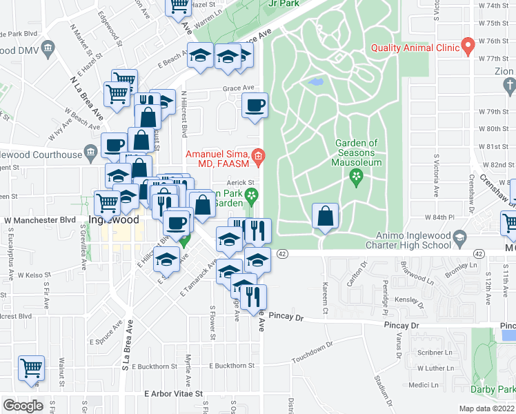 map of restaurants, bars, coffee shops, grocery stores, and more near 105 South Prairie Avenue in Inglewood