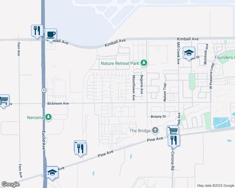 map of restaurants, bars, coffee shops, grocery stores, and more near 16042 Voyager Avenue in Chino