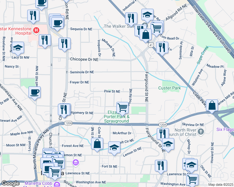 map of restaurants, bars, coffee shops, grocery stores, and more near 376 Pine Street Northeast in Marietta