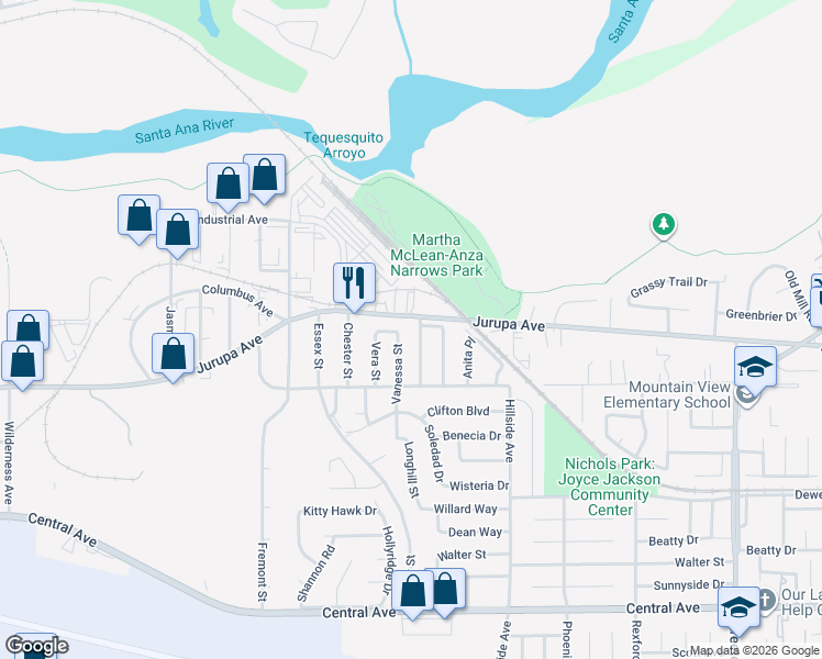map of restaurants, bars, coffee shops, grocery stores, and more near 6015 Florence Street in Riverside