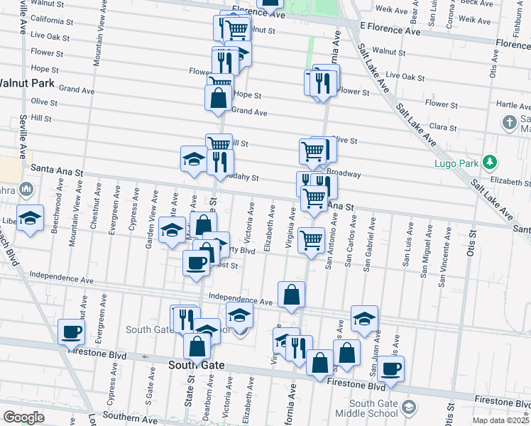 map of restaurants, bars, coffee shops, grocery stores, and more near 3380 Santa Ana Street in South Gate