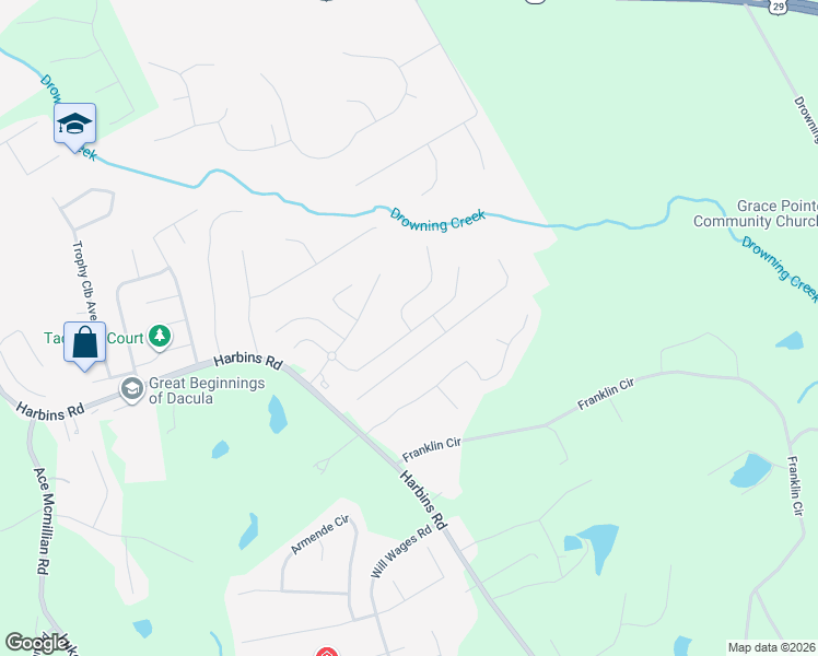 map of restaurants, bars, coffee shops, grocery stores, and more near 2838 Estate View Court in Dacula