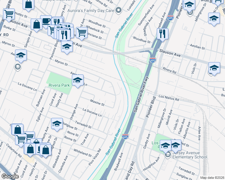 map of restaurants, bars, coffee shops, grocery stores, and more near 9862 Myron Street in Pico Rivera