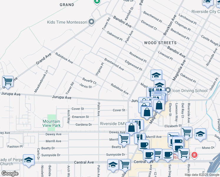 map of restaurants, bars, coffee shops, grocery stores, and more near 4391 Rubidoux Avenue in Riverside