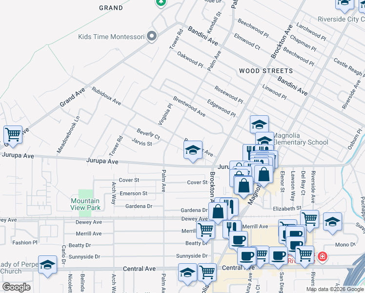 map of restaurants, bars, coffee shops, grocery stores, and more near 4389 Beverly Court in Riverside