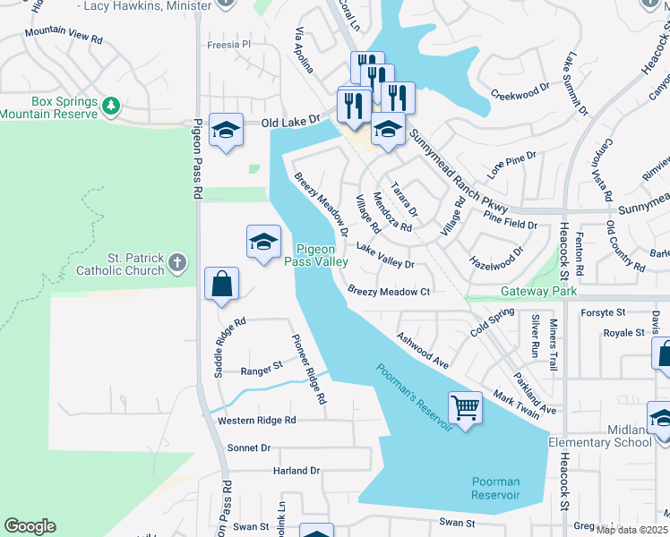 map of restaurants, bars, coffee shops, grocery stores, and more near 10917 Breezy Meadow Drive in Moreno Valley