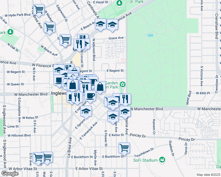 map of restaurants, bars, coffee shops, grocery stores, and more near 601 East Queen Street in Inglewood