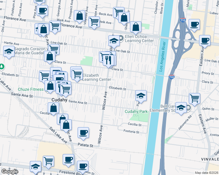 map of restaurants, bars, coffee shops, grocery stores, and more near 7825 Wilcox Avenue in Cudahy