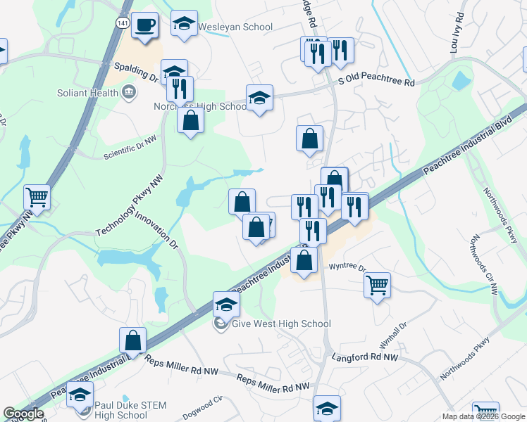 map of restaurants, bars, coffee shops, grocery stores, and more near 5351 Medlock Corners Drive in Norcross