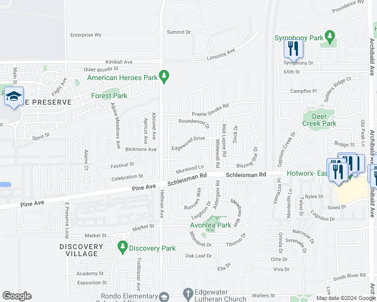 map of restaurants, bars, coffee shops, grocery stores, and more near 14884 Landerwood Drive in Corona