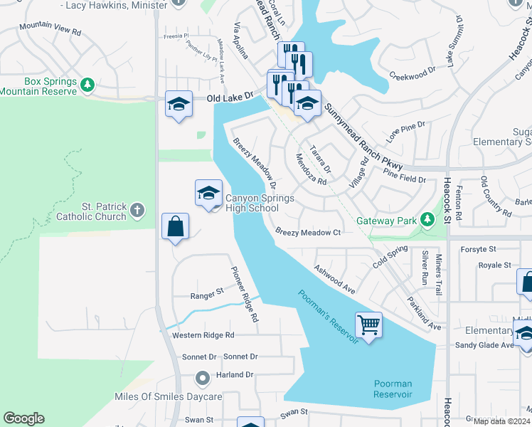 map of restaurants, bars, coffee shops, grocery stores, and more near 10917 Breezy Meadow Drive in Moreno Valley