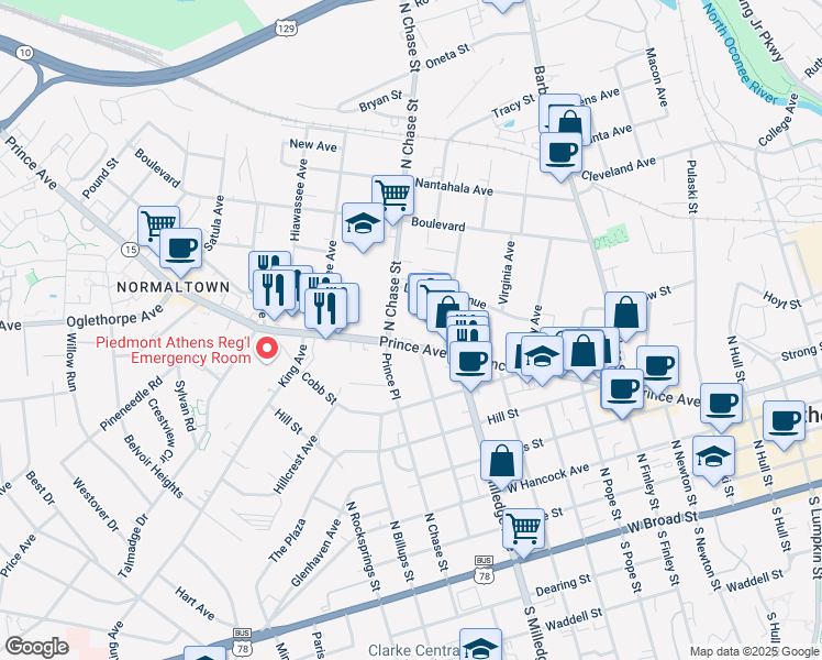 map of restaurants, bars, coffee shops, grocery stores, and more near 948 Prince Avenue in Athens