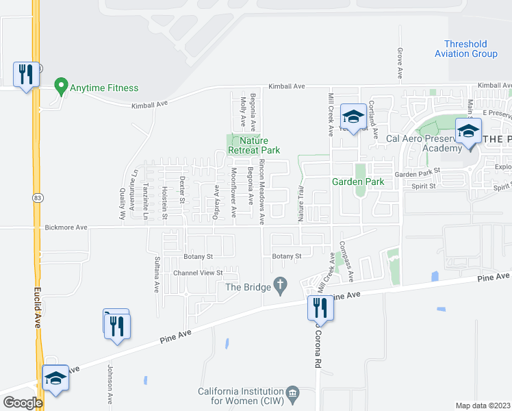 map of restaurants, bars, coffee shops, grocery stores, and more near 16043 Begonia Avenue in Chino