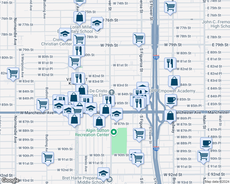 map of restaurants, bars, coffee shops, grocery stores, and more near 727 West 84th Street in Los Angeles