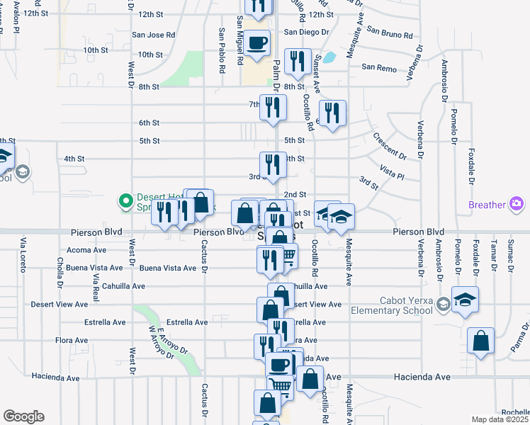 map of restaurants, bars, coffee shops, grocery stores, and more near First Street in Desert Hot Springs