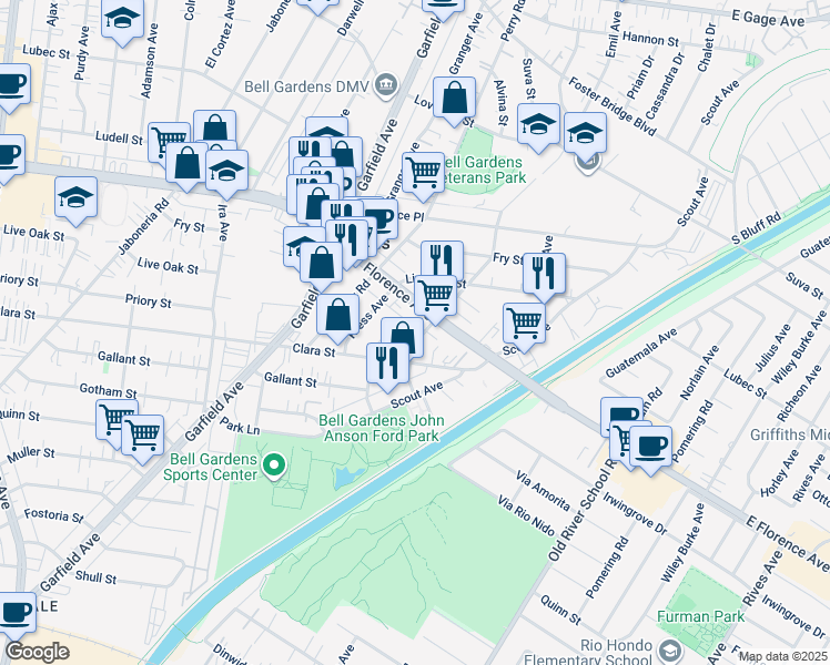 map of restaurants, bars, coffee shops, grocery stores, and more near 6450 Florence Avenue in Bell Gardens