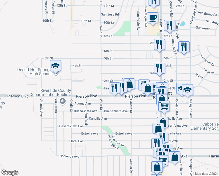 map of restaurants, bars, coffee shops, grocery stores, and more near in Desert Hot Springs