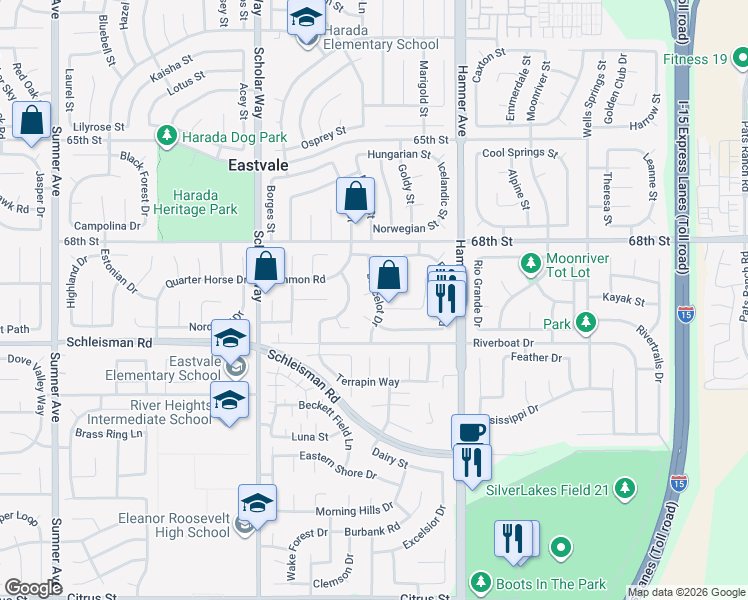 map of restaurants, bars, coffee shops, grocery stores, and more near 6893 Lancelot Drive in Corona