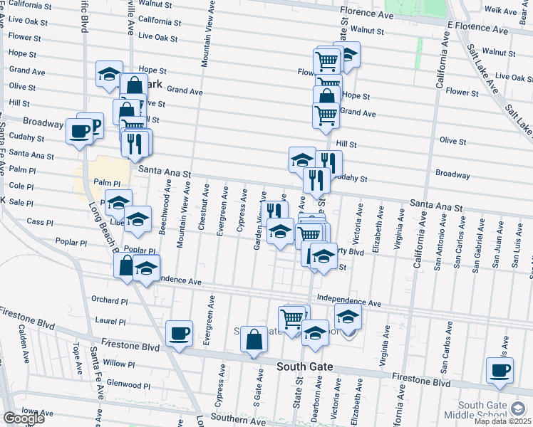 map of restaurants, bars, coffee shops, grocery stores, and more near 8133 Garden View Avenue in South Gate