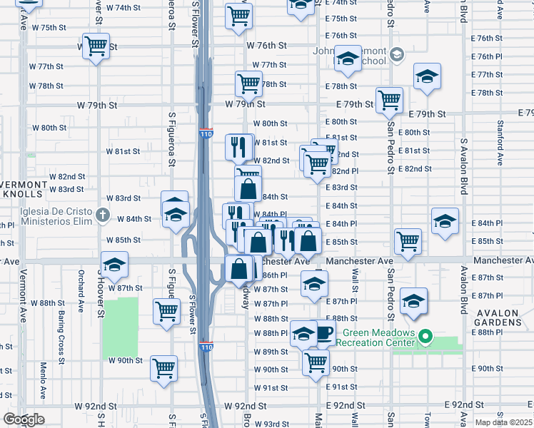 map of restaurants, bars, coffee shops, grocery stores, and more near 212 West 84th Street in Los Angeles